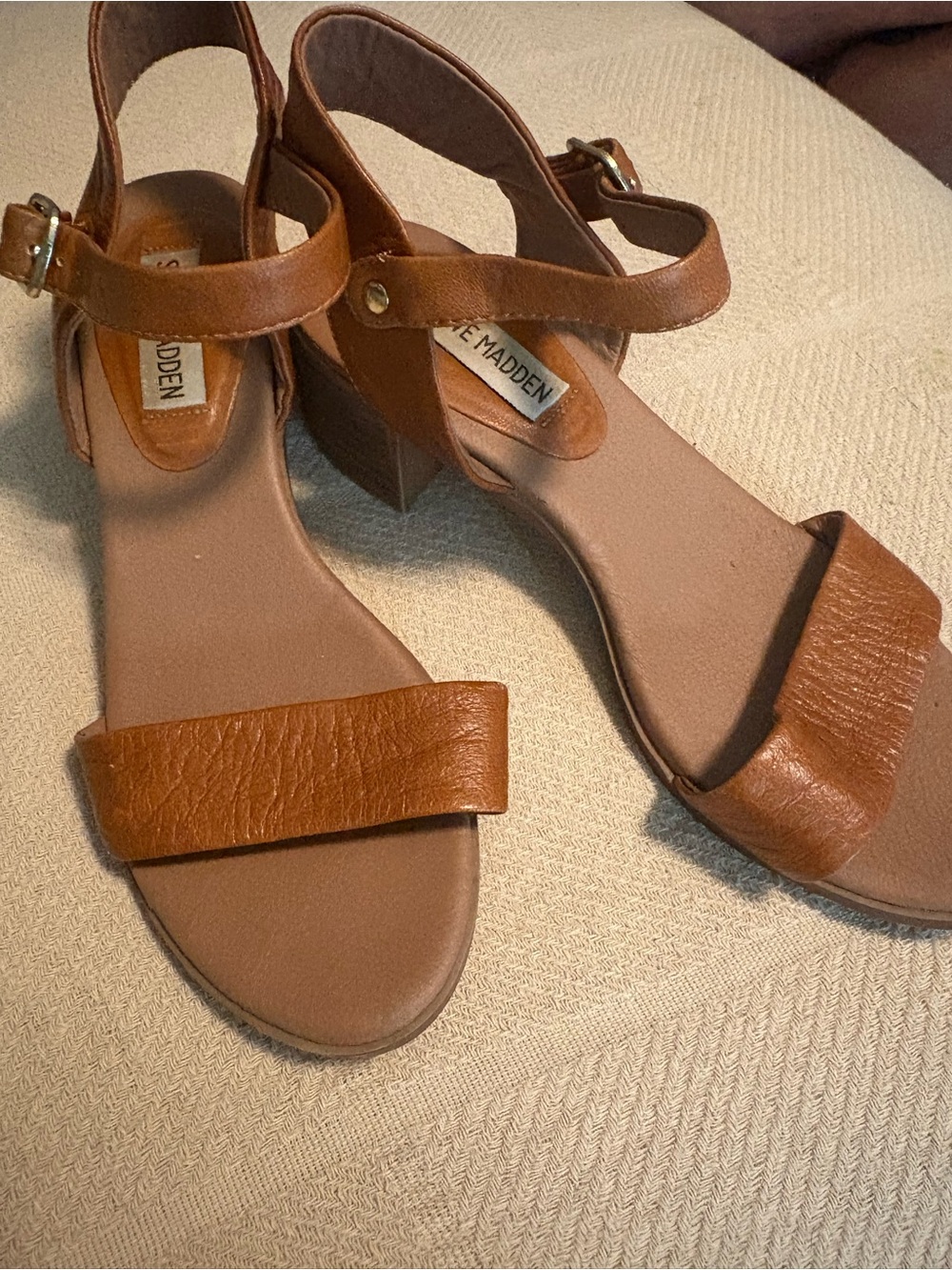Steve Madden Tan Brown Leather Ankle Strap Block Heel Sandals